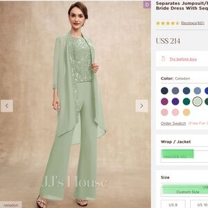 JJ’s House Mother of the Bride or Groom pant suit outfit light sage green
